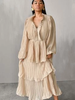 Confête Odette Ruffle Mock Neck Tiered Maxi Dress - Shimmering Taupe Clothing 9 Confête Odette Ruffle Mock Neck Tiered Maxi Dress - Shimmering Taupe Clothing