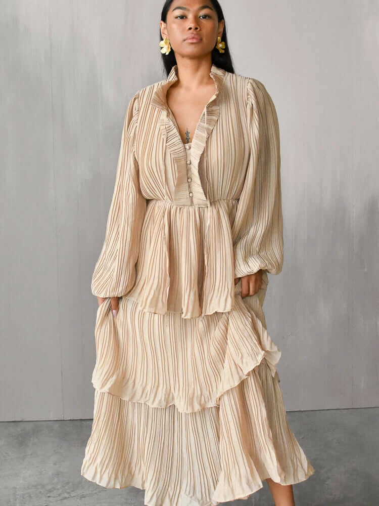 Confête Odette Ruffle Mock Neck Tiered Maxi Dress - Shimmering Taupe Clothing 6 Confête Odette Ruffle Mock Neck Tiered Maxi Dress - Shimmering Taupe Clothing