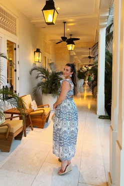 Confête Marisol Blue And White Eyelet Midi Dress