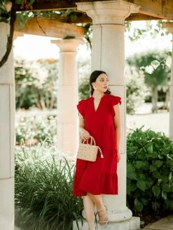 Confête Erika Red Flutter Sleeve Midi Dress