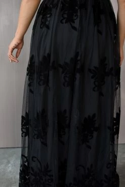 Confête Say I Do Floral Flocked Mesh Maxi Gown - Black Clothing