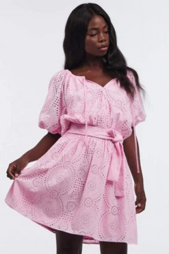 Charlie Holiday Tayla Pink Eyelet Mini Dress Clothing