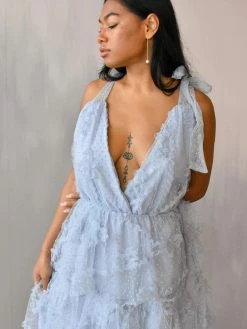 Confête Clothing Avi Blue Textured Tulle Midi Dress