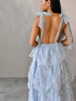 Confête Clothing Avi Blue Textured Tulle Midi Dress